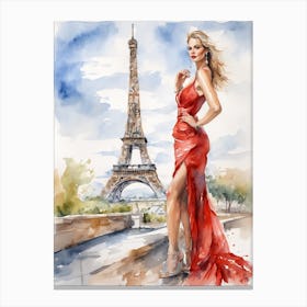 Beautiful Woman In Red Dress In Paris Canvas Print