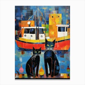 Two Black Cats In Front Of A Boat Patchwork Canvas Print