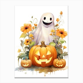 Cute Ghost With Pumpkins Halloween Watercolour 8 Canvas Print