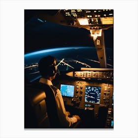 Pilot In Cockpit At Night Canvas Print