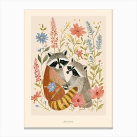 Folksy Floral Animal Drawing Racoon 2 Poster Canvas Print