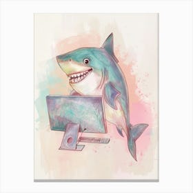 Shark On A Computer Pastel Illustration 1 Canvas Print
