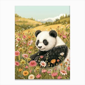 Giant Panda Cub In A Field Of Flowers Storybook Illustration 3 Canvas Print