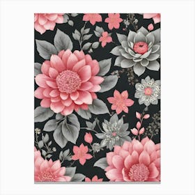 Painted Spring and Summer Flowers Boho Pattern - Dark Grey Background Pink and Grey Bohemian Blooms Wallpaper Art Like Amy Butler and William Morris Fabric Print For Lunar Pagan Gallery Feature Wall Floral Botanical Luna Lover HD Canvas Print