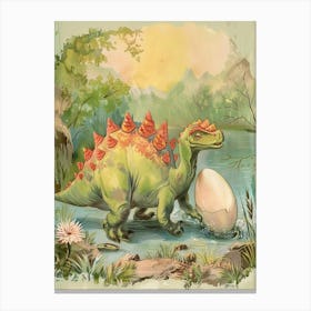 Stegosaurus Dinosaur Finds An Egg Vintage Watercolour Painting Canvas Print