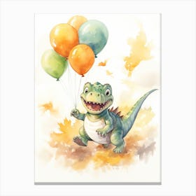 Dinosaur T Rex Flying With Autumn Fall Pumpkins And Balloons Watercolour Nursery 2 Canvas Print
