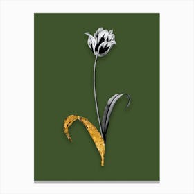 Vintage Didiers Tulip Black and White Gold Leaf Floral Art on Olive Green Canvas Print