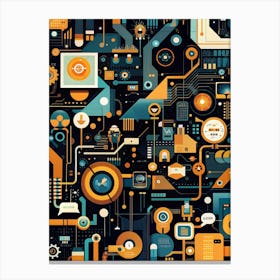 A Complex And Colorful Abstract Composition With Geometric Shapes, Icons, And Lines On A Dark Background, Representing Technology And Industry Canvas Print