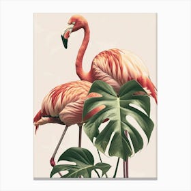Lesser Flamingo And Monstera Deliciosa Boho Print 2 Canvas Print