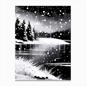 Snowflakes Falling By A Lake, Snowflakes, Black & White 4 Canvas Print