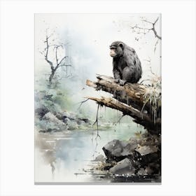 Jigokudani Monkey Park In Nagano, Japanese Brush Painting, Ukiyo E, Minimal 3 Canvas Print