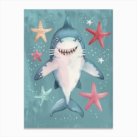 Blue Storybook Style Shark With Starfish 2 Canvas Print