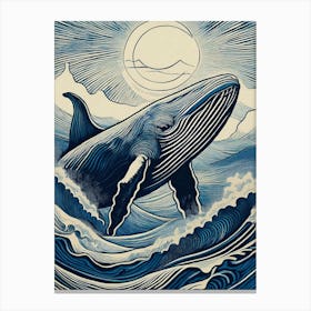 Leaping Blue Whale Linocut Canvas Print