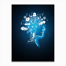 Abstract Concept Art Of A Silhouetted Head Outlined Against A Backdrop Of Light Bulbs And Gears Sym (5) Canvas Print