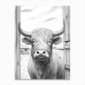 Linework Illustration Of Highland Cow Peeking In The Barn Canvas Print