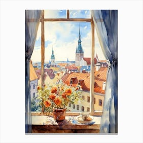 Window View Of Tallinn Estonia In Autumn Fall, Watercolour 3 Canvas Print