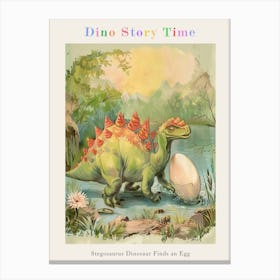 Stegosaurus Dinosaur Finds An Egg Vintage Watercolour Painting Poster Canvas Print