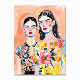 Two Women in Floral Dresses. Watercolor Bright Portrait Canvas Print