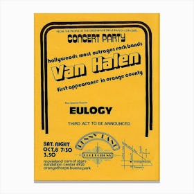 Original Van Halen 1977 Club Flyer Buena Park Orange County Poster Canvas Print