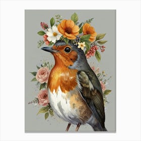 Robin With Flower Crown Style1 Watercolor Canvas Print