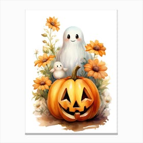 Cute Ghost With Pumpkins Halloween Watercolour 78 Canvas Print
