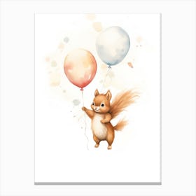 Baby Squirrel Flying With Ballons, Watercolour Nursery Art 3 Canvas Print