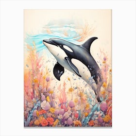 Orca Whale And Flowers 6 Canvas Print