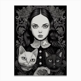 Wednesday Addams And A Cat Line Art Noveau 1 Fan Art Canvas Print