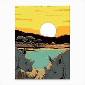 Two Rhinos In The Wild Block Colour Canvas Print