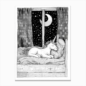 Unicorn Lying In Bed With The Moon Black & White Doodle 3 Canvas Print