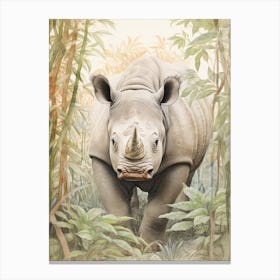 Vintage Illustration Of A Rhino Walking Through The Leaves 2 Canvas Print