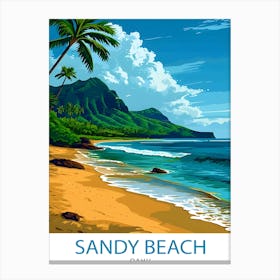 Sandy Beach Oahu Print Hawaiian Shoreline Art Oahu Beach Poster Hawaii Surf Wall Decor Pacific Ocean View Illustration Tropical Island 1 Canvas Print