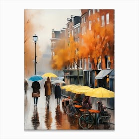 Amsterdam cafes, autumn season, rain, autumn oil colours.Faded colours,People passing on the street, winter clothes, rain umbrellas.1 3 Canvas Print