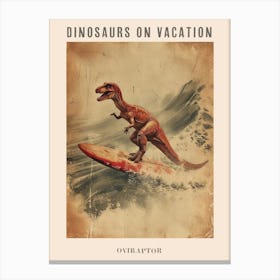 Vintage Oviraptor Dinosaur On A Surf Board 2 Poster Canvas Print