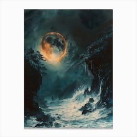 Full Moon Over The Ocean Bichromatic, Surrealism, Impressionism Canvas Print