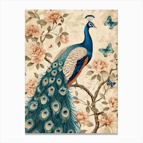 Peacock With Butterflies Vintage Wallpaper Style 1 Canvas Print