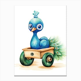 Baby Peacock On A Toy Car, Watercolour Nursery 1 Canvas Print