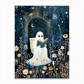 Little Ghost Reading on The Toilet - Bathroom Art Prints Moon and Stars Spooky Cute Wall Decor Funny Botanical Witchy Canvas Print