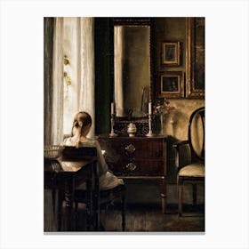 Girl Reading By The Window, Dark Moody Vintage Art Canvas Print