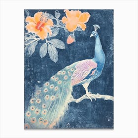 Vintage Floral Peacock Cyanotype Inspired 1 Canvas Print