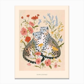 Folksy Floral Animal Drawing Snow Leopard Poster Canvas Print