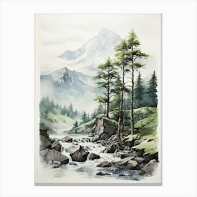 Yatsugatake Mountains In Yamanashi,  Japanese Brush Painting, Sumi E, Minimal  2  Canvas Print