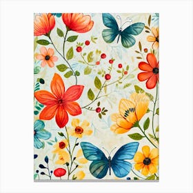 Watercolor Flowers And Butterflies Canvas Print