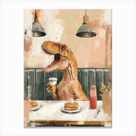 Muted Mustard Dinosaur Eating Breakfast At A Diner Canvas Print