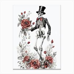 Floral Skeleton With Hat Ink Painting (59) Canvas Print