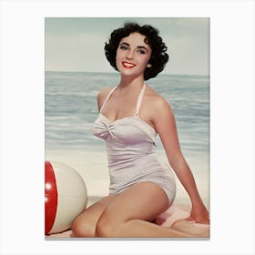 Elizabeth Taylor Poses In A Swimsuit With A Beach Ball Canvas Print