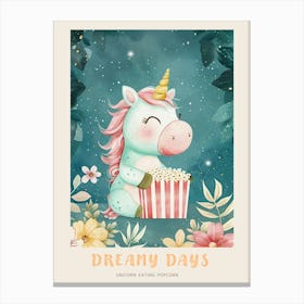 Cute Pastel Unicorn Eating Popcorn Blue Background 1 Poster Canvas Print