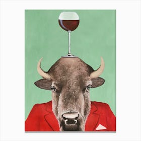 Buffalo With Wineglass Green & Red Canvas Print