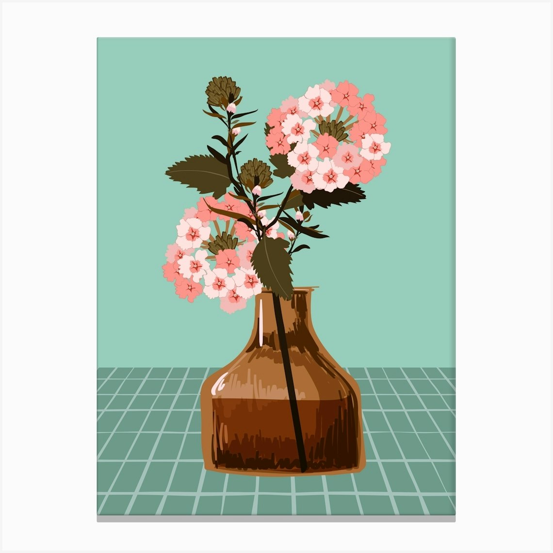 Teal Vase of Flowers Modern Botanical Canvas Print by Melon Daisy Art