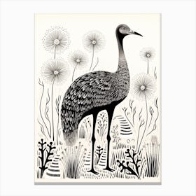 B&W Bird Linocut Ostrich 2 Canvas Print